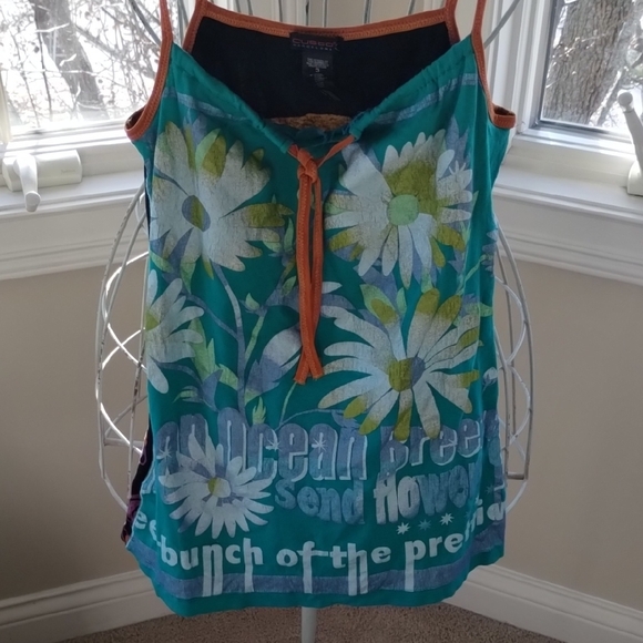 Custo Barcelona Tops - Custo Barcelona Green Floral Tank Top with Orange Accents